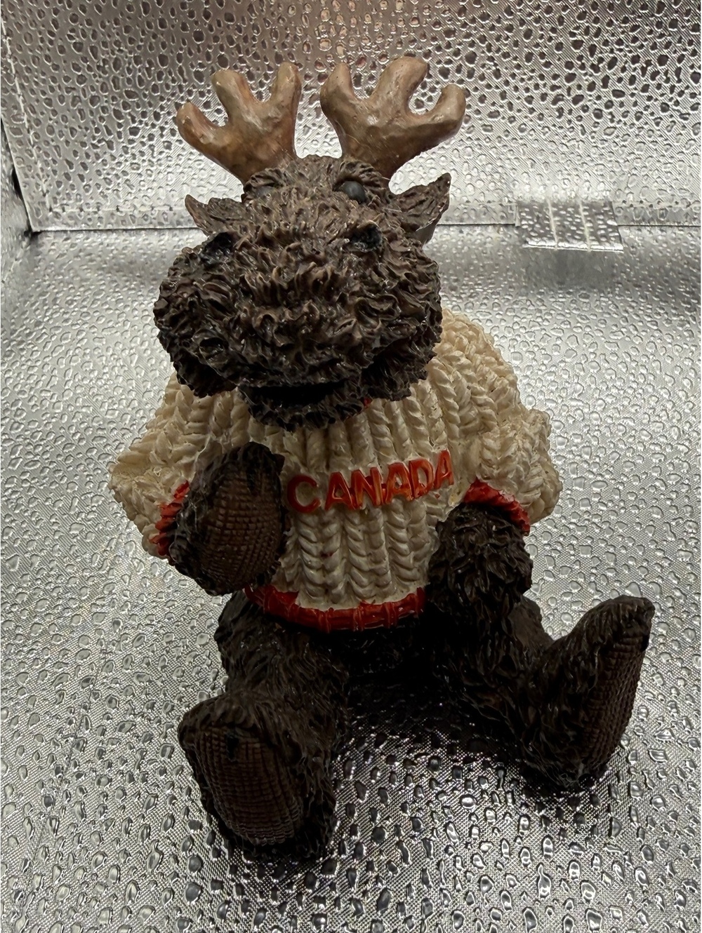 Vintage Canada Moose Figurine in Sweater with Maple Leaf